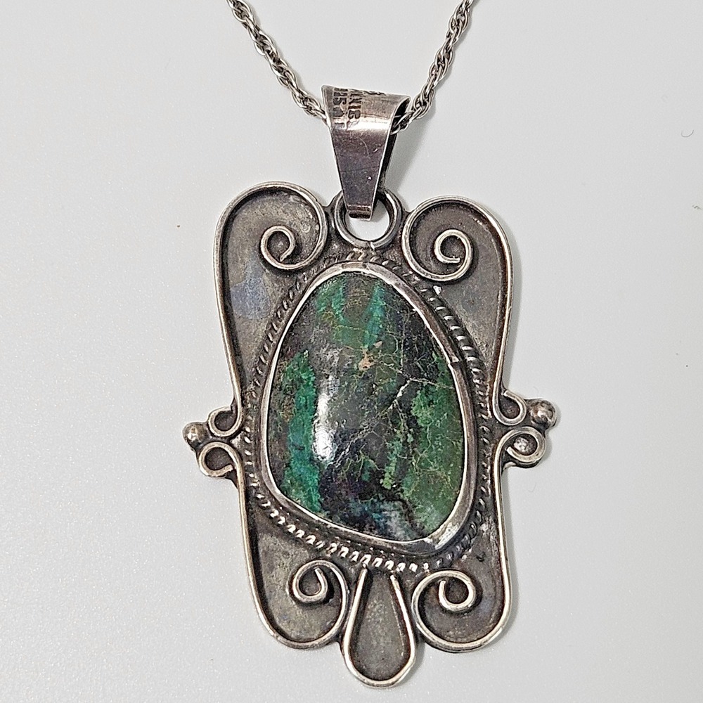 Large Signed Sterling Silver Pendant Green Stone
